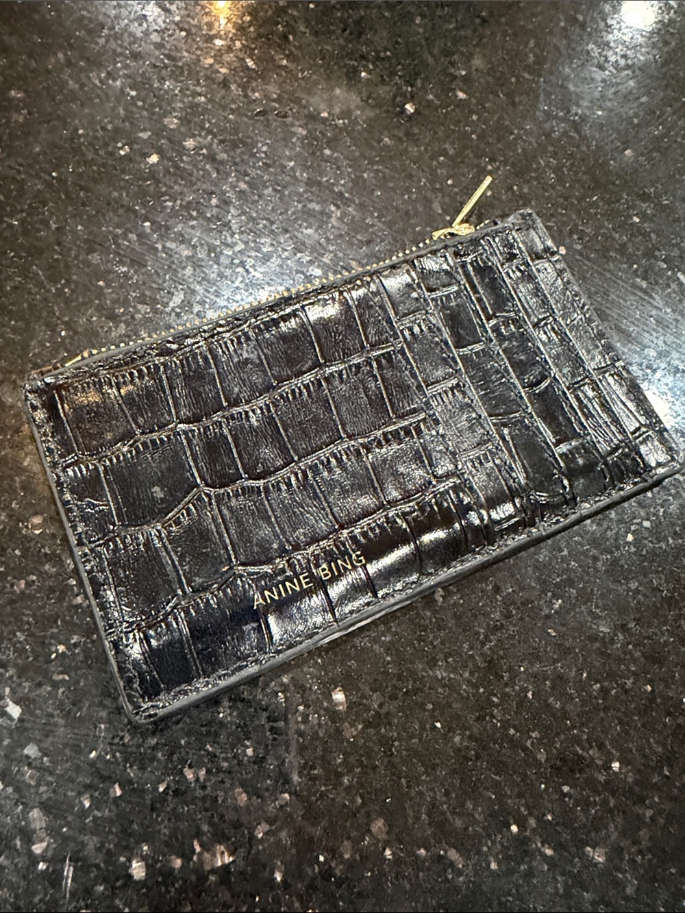 Anine Bing Black Croc-Embossed Leather Zip Card Holder